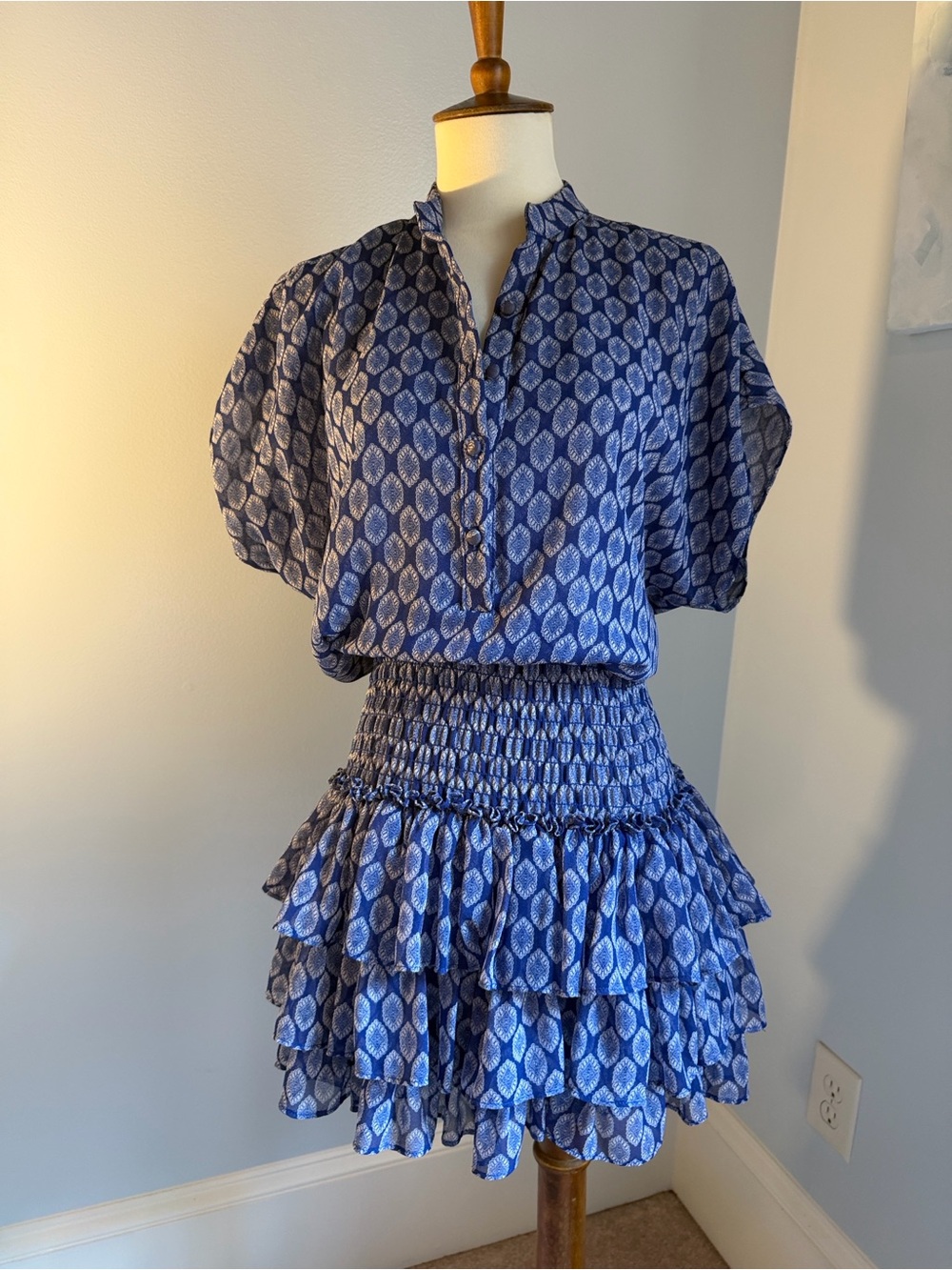 Misa Los Angeles Navy Blue Printed Smocked Tiered Mini Dress